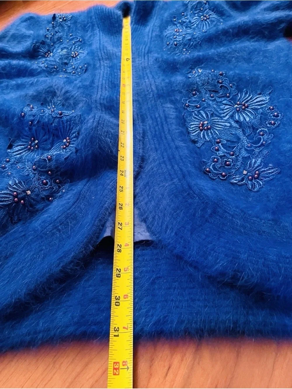 VTG 80% Angora Royal Blue Cardigan Sweater Jacket Beaded 80s Korea Puff Slv XL